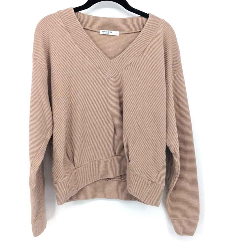 Stateside Womens Sweater Extra Large Tan‎ Cotton Ribbed Cropped